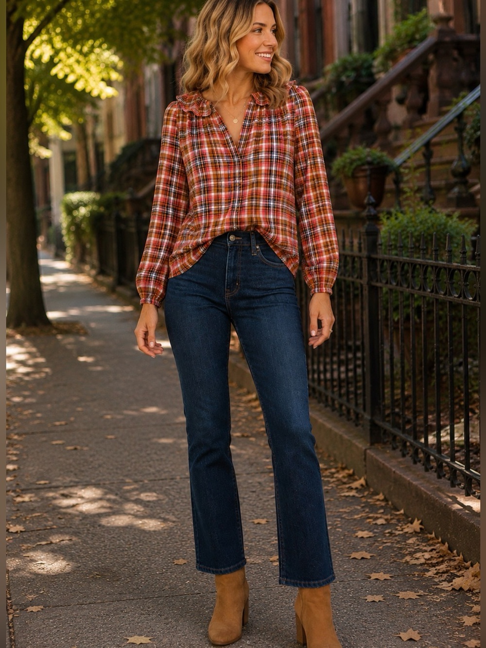 J.Crew Point Sur Plaid Ruffle Collar Button Front Blouse Medium